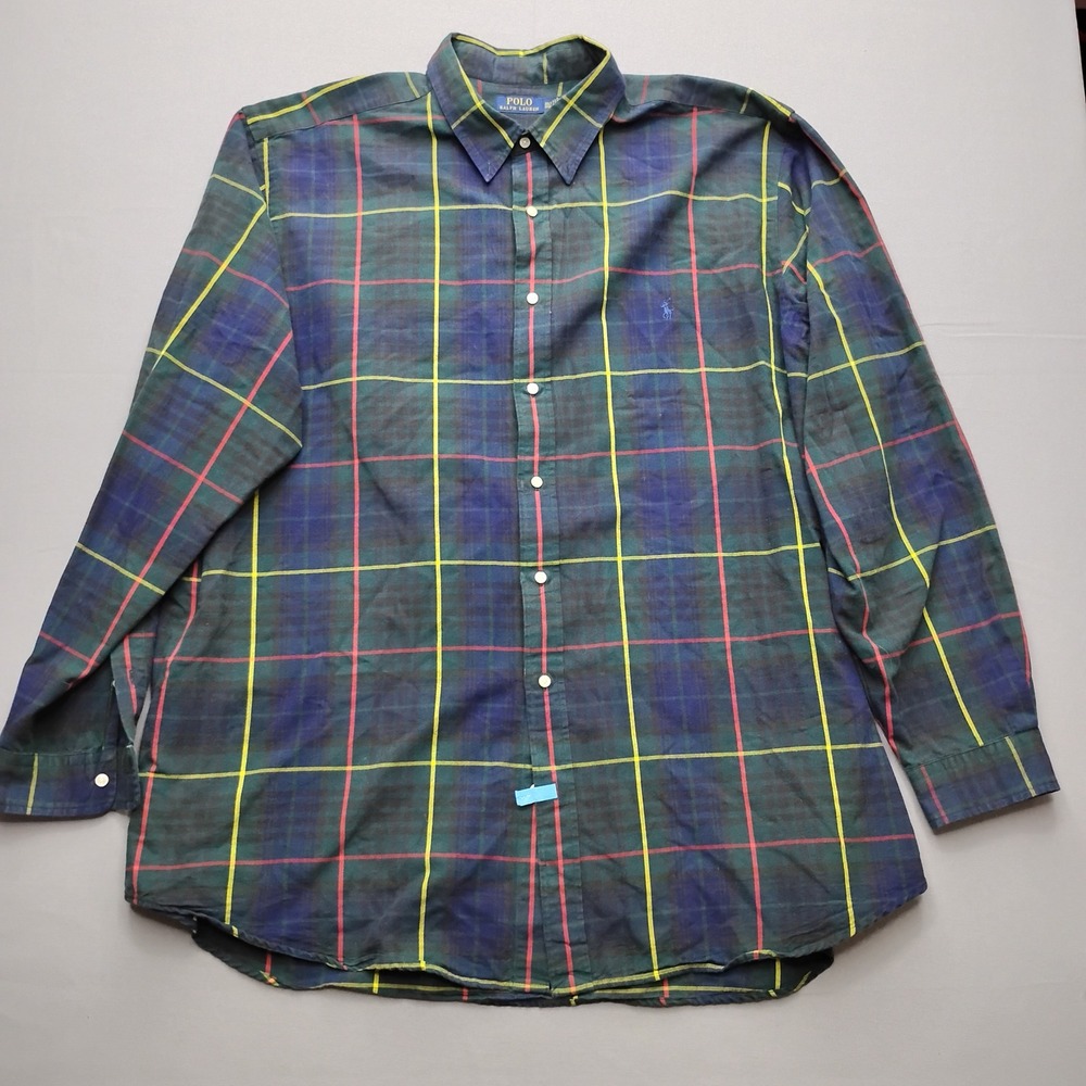 Polo Ralph Lauren Mens 3XLT Plaid Button Down Shirt Green Blue Red Yellow